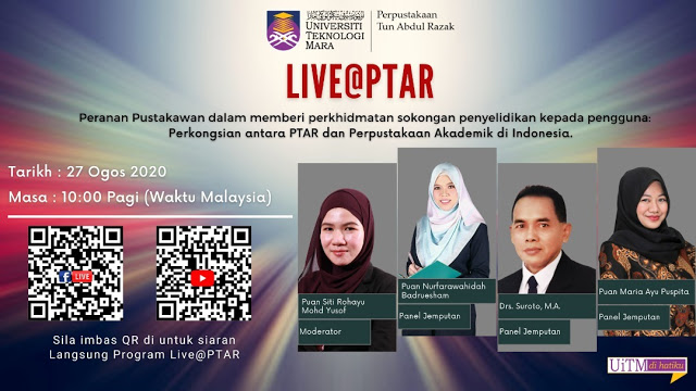 Live@PTAR International : Peranan Pustakawan dalam memberi perkhidmatan sokongan penyelidikan kepada pengguna : Perkongsian antara PTAR dan Perpustakaan Akademik di Indonesia.