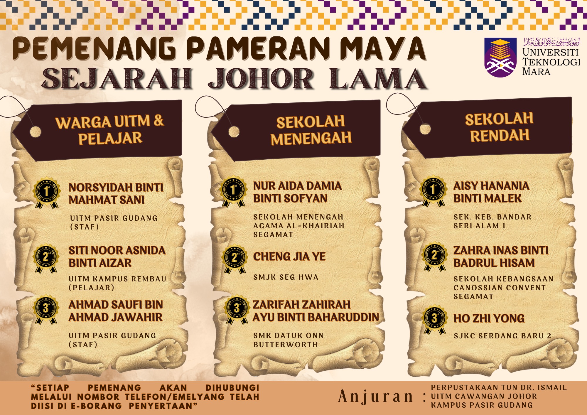 Tahniah Pemenang Pertandingan Kuiz Pameran Maya Sejarah Johor Lama