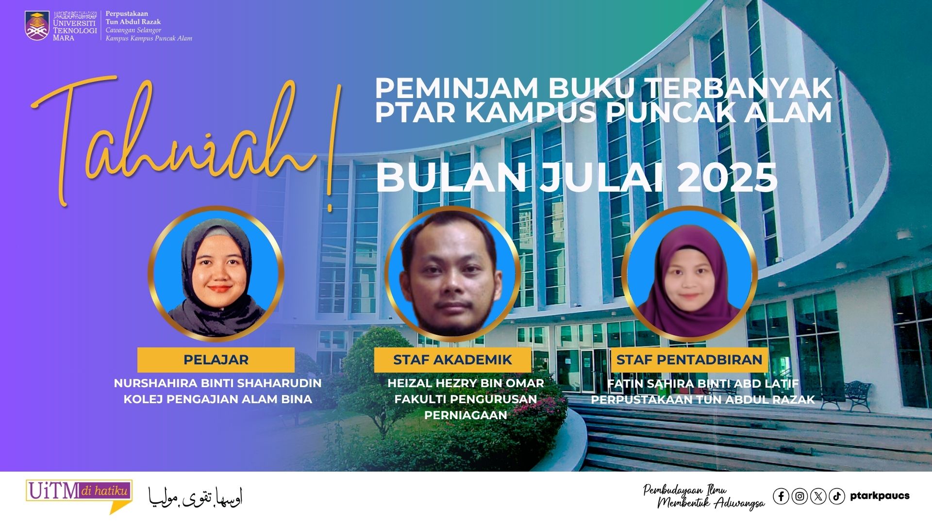 Peminjam Buku Terbanyak PTAR Kampus Puncak Alam – Julai 2025